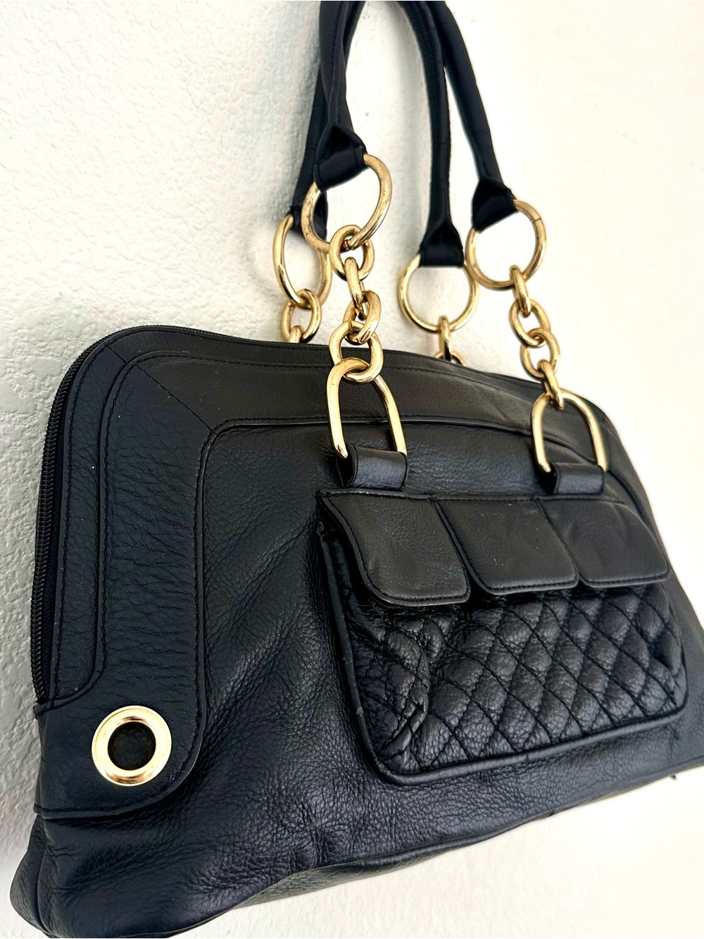 BCBG Max Azria Black Leather Hobo Satchel Gold Chain Bag EUC